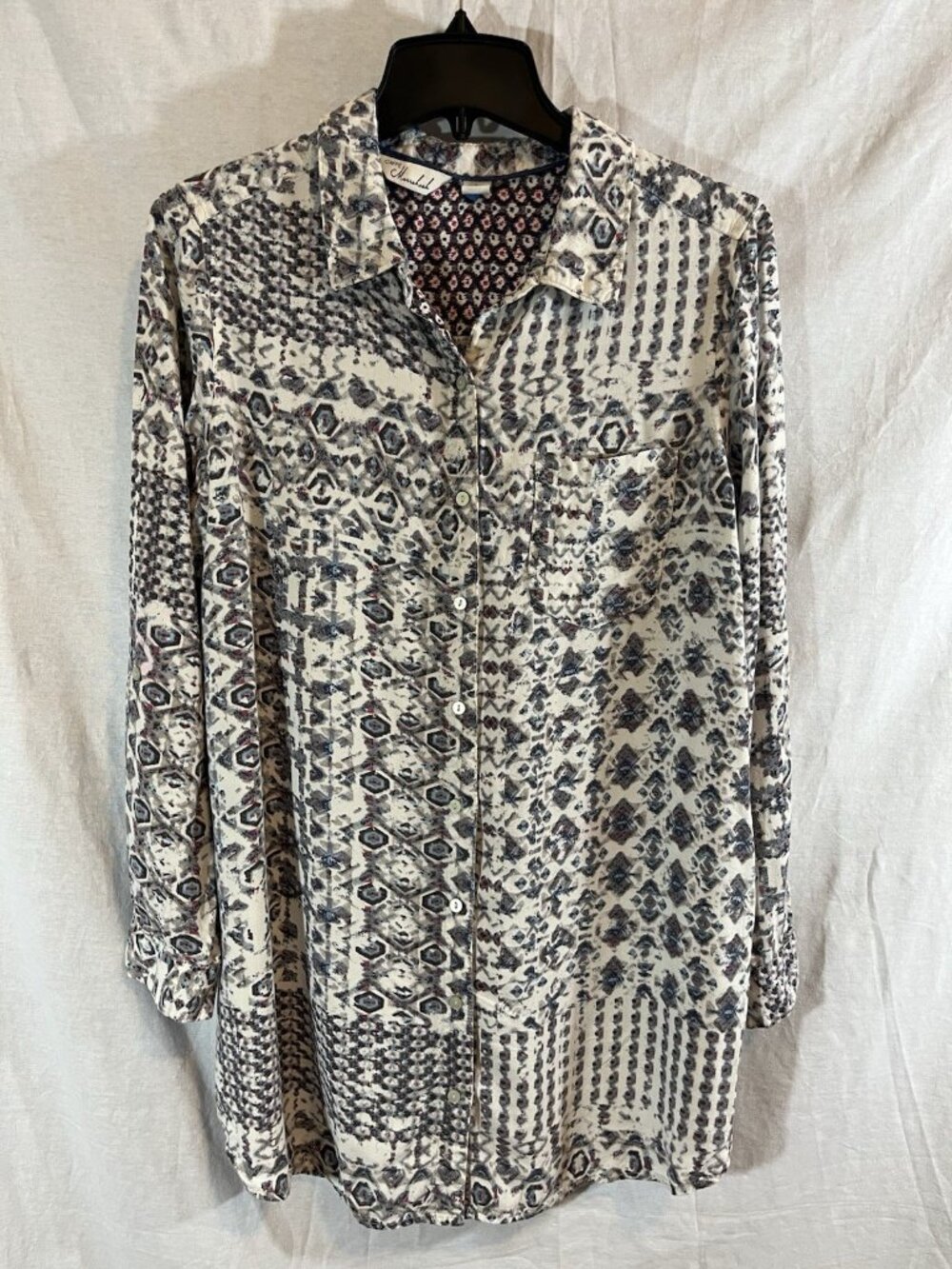 Caffe Marrakesh Women’s Large Gray & White Geo Print Rayon Blouse
